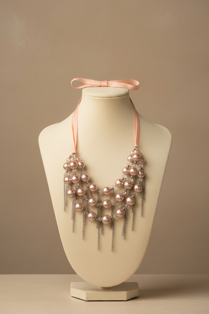 Collana statement rosa con elementi effetto perla e catene decorative indossata su busto